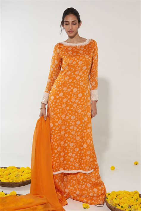 Buy Orange Organza Satin Printed And Hand Embroidered Kurta Palazzo Set