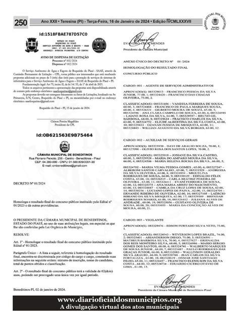 DECRETO Nº 01 2024 Homologa o resultado final do concurso público