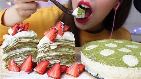 Asmr Matcha Crepe Cake And Tiramisu Soft Eating Sounds Soothingly Spoken Youtube