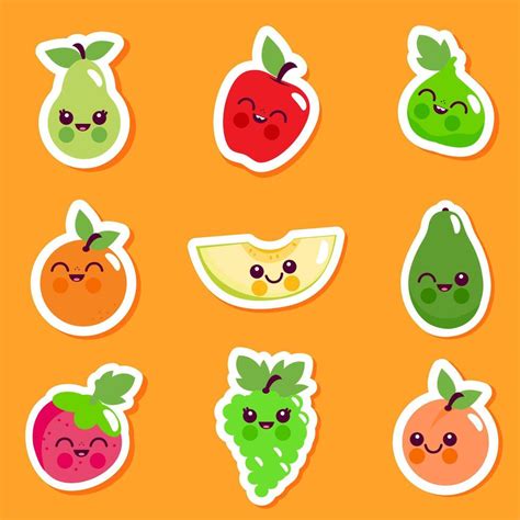 Sticker Set Of Cute Cartoon Fruit Characters Avocado Papaya Citrus