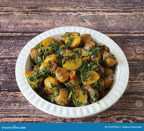 Aloo Methi In Copper Kadai Bowl Isolated At White Background Aloo