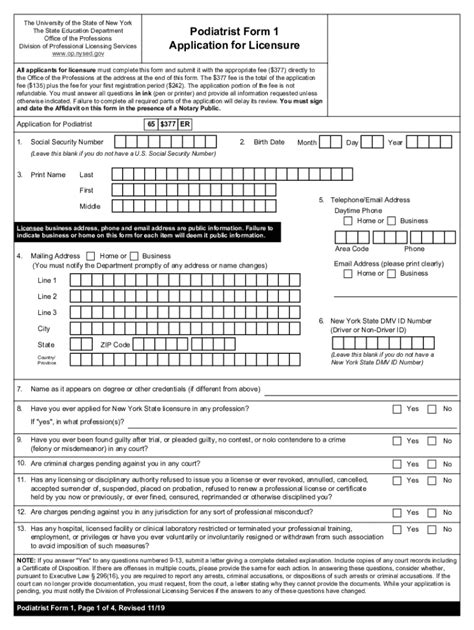 Fillable Online Op Nysed Podiatrist Form 1 Application For Licensure