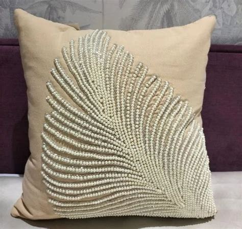 Beige Cotton Handwork Pearl Embroidered Sofa Cushion For Home Size