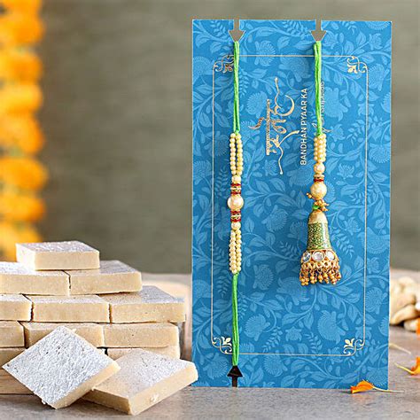 Ethnic Green Pearl And Lumba Rakhi Set With Kaju Katli Uae Gift