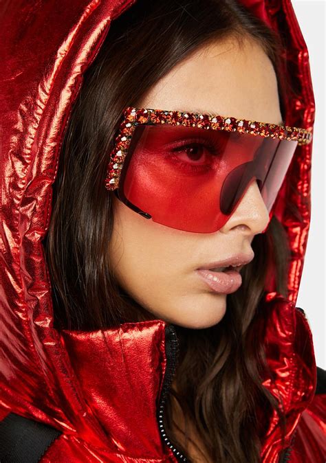 Oversized Shield Sunglasses With Tonal Rhinestones Red Dolls Kill