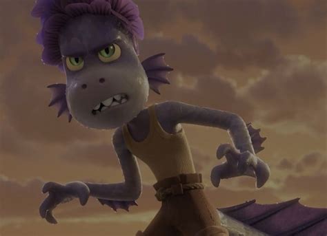 A Cartoon Character With Purple Hair And Green Eyes Is Standing In Front Of A Cloudy Sky