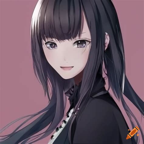 Smiling Anime Woman With Long Black Hair And Grey Eyes On Craiyon