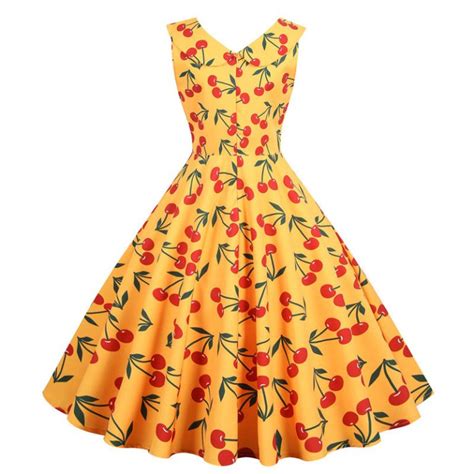 Robe Jaune Moutarde Des Années 50 Avec Motifs De Cerises Retro Verso