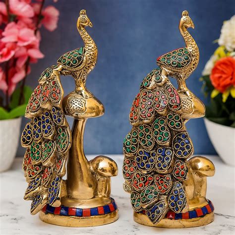 LaDekor Peacock Showpiece Brass Peacock Pair Antique Love Bird Figurine