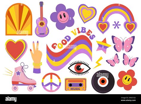 Retro 70s Hippie Sticker Objects Set Psychedelic Trippy Groovy Elements For T Shirts Cartoon