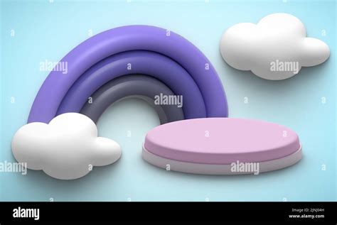 3d Podium With Violet And Purple Rainbow White Clouds Platform For