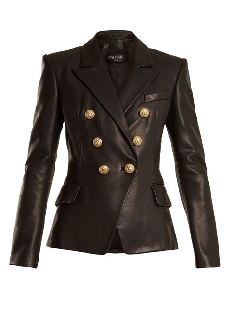 Lyst Balmain Double Breasted Peak Lapel Leather Blazer In Black