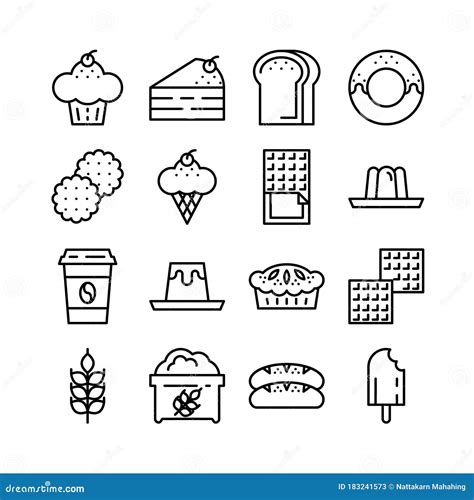 Bakery Coffeshop Sweet Dessert Outline Icon Set Stock Vector