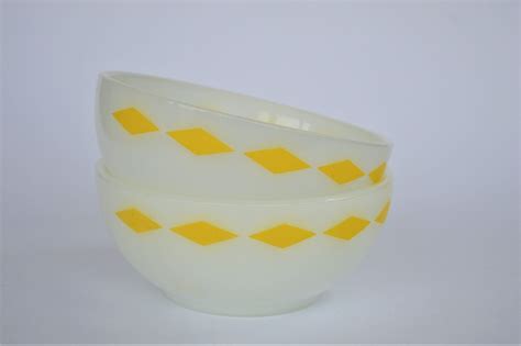 Fire King Yellow Diamond Bowls Vintage Milk Glass Chili Cereal Bowls Mcm Kitchen Wooden Salad