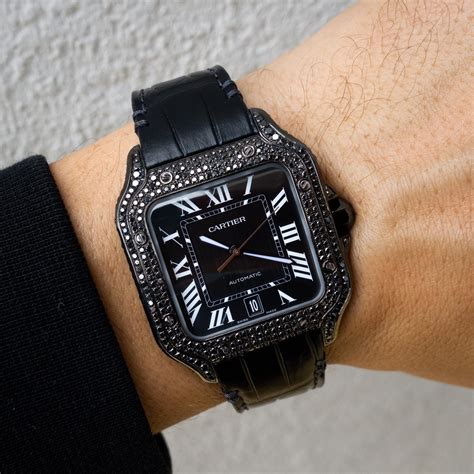 Cartier Santos De Cartier Black Diamond And Leather Custom Diamond