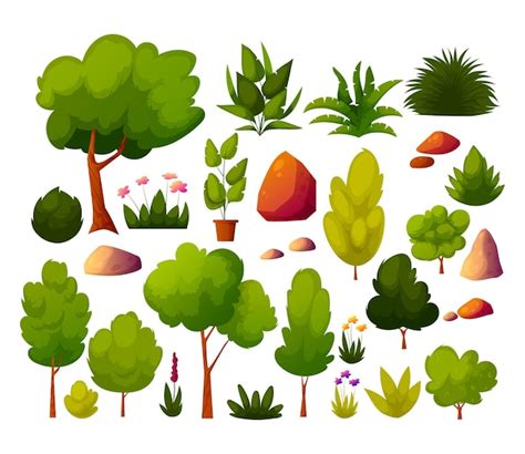 Premium Vector Set Of Green Trees Bushes Grass Stones Blooming Flower