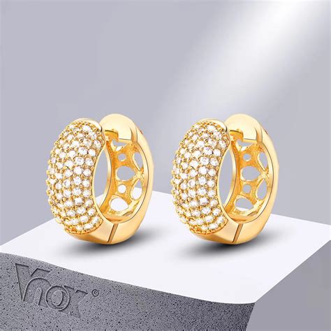 Vnox Bling Cubic Zirconia Round Hoop Earrings For Women Party Jewelry Delicate Gold Color Metal