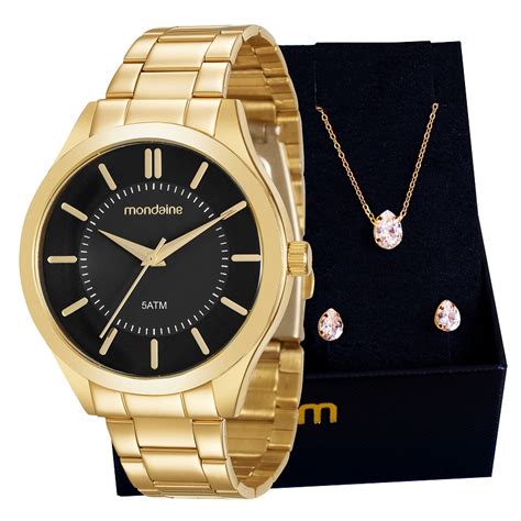 Relógio Mondaine Feminino Dourado Analógico Kit Colar e Brincos