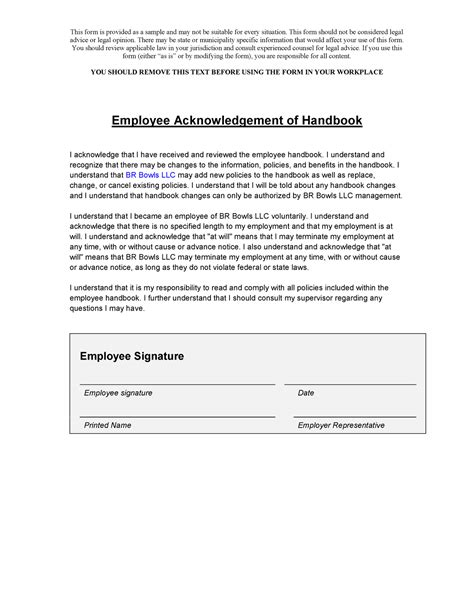 Acknowledgement Of Handbook This Form Is Provided As A Sample And May