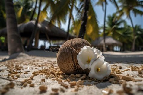 Coconuts Close Up On The Beach Near A Palm Tree Generative Ai Stock