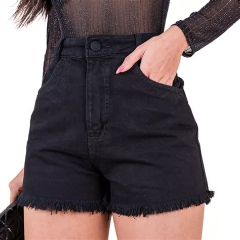 Short Jeans Feminino Preto Barra Desfiada Cintura Alta Parcelamento