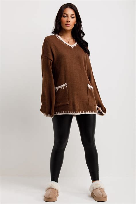 Womens V Neck Knitted Jumper With Contrast Stitch Brown Uk