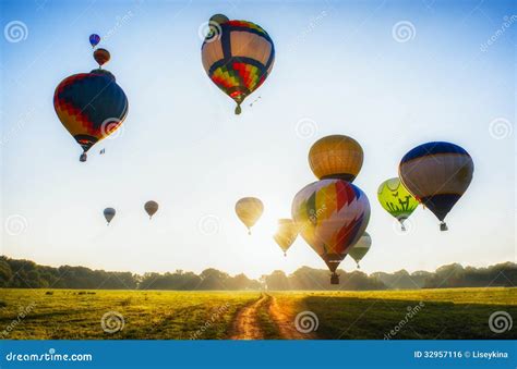 Hot Air Balloons Over Field Stock Photo Image Of Start Summer 32957116