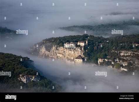 France, Lot, Rocamadour, Aerial view of the city and its religious ...