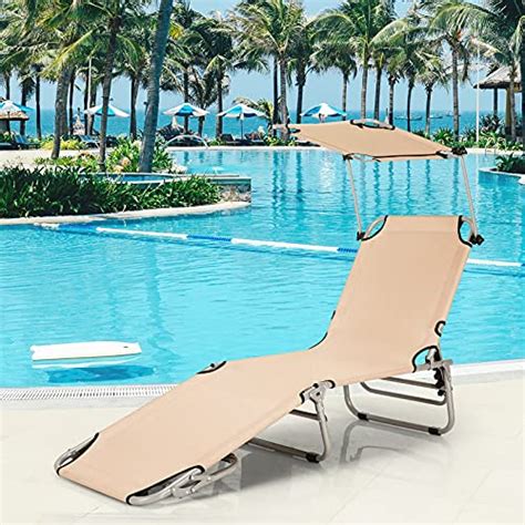 Gymax Beach Chair With Canopy Shade Folding Tanning Lounge With