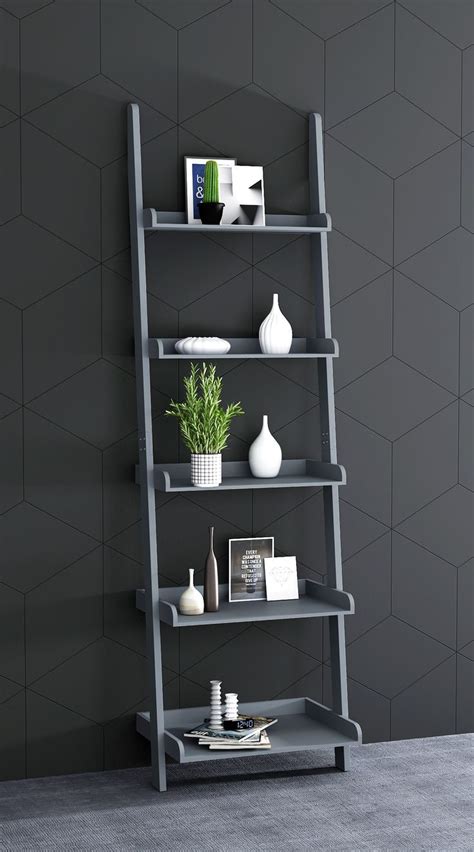 Ehemco 5 Tier Leaning Wall Book Shelf 70 Inches Gray