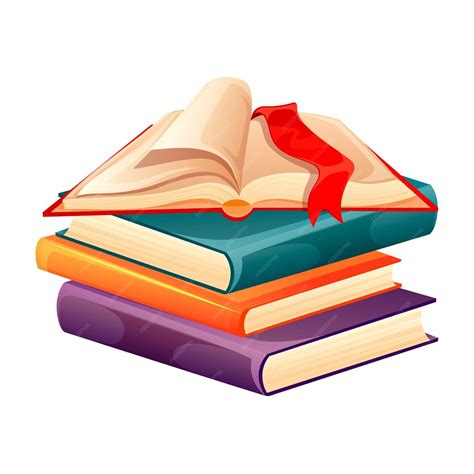 Открытая книга с красной закладкой на стопке красочных библиотечных ...