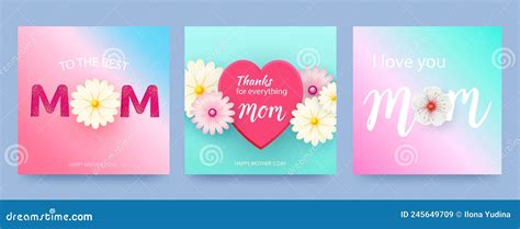 Set Of Mother S Day Cards With Hearts And Spring Flowers In Pastel