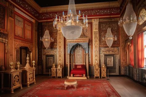 Castle Throne Room With Lavish Decor Including Colorful Tapestries And