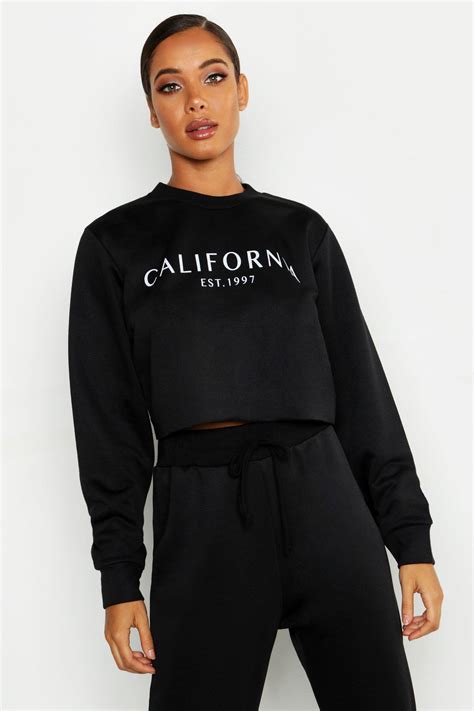 Boohoo Womens California Crew Neck Crop Slogan Sweat In Black Lyst