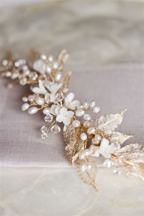 Wild Willows Gold Leaf Bridal Headpiece With Pearls By Percy Handmade