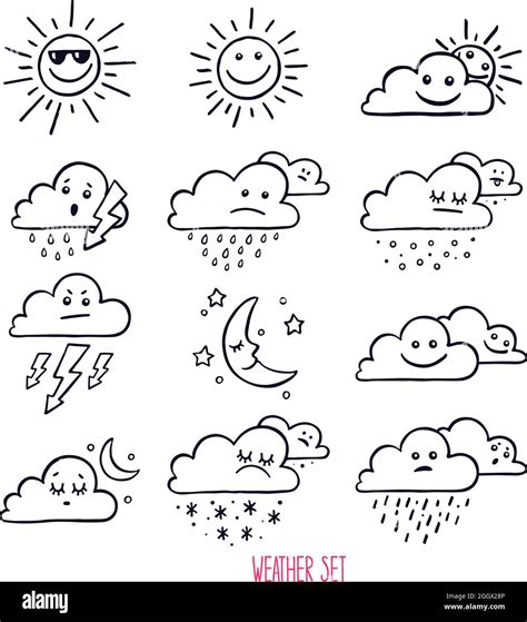 Set Of Cute Weather Icons Hand Drawn Illustration Stock Vector Image