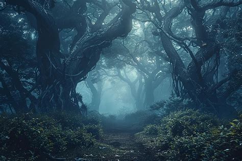 Generative AI Image Of Pathway In Scary Enchanted Foggy Forest