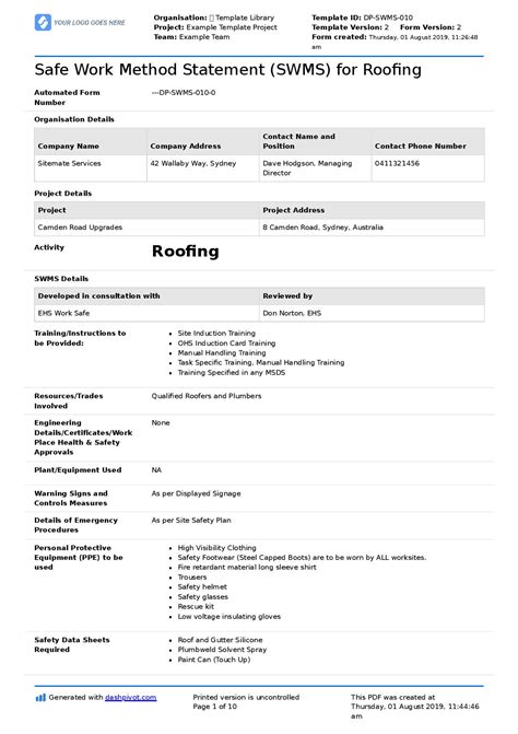 Safe Work Method Statement Template Free Swms Templates 43 Off