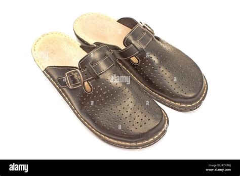 Leather House Slippers Isolated On White Background Stock Photo Alamy