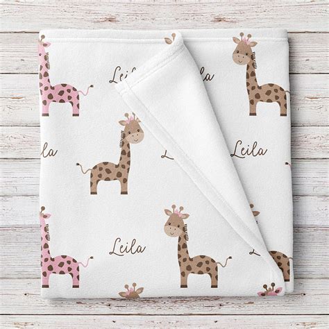 Giraffe Fleece Personalized Baby Girl Blanket Pink And Brown Bb264