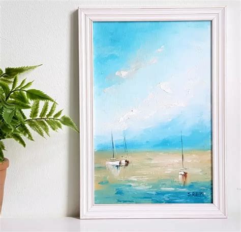 COASTAL OIL PAINTING Original 8x12 Seascape Boat Abstract Framed