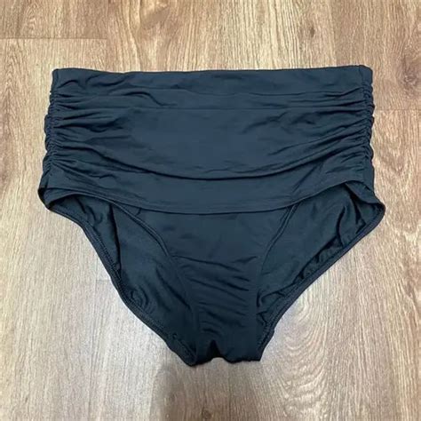 Lands End Solid Black High Waist Ruched Bikini Bottom Women Tummy