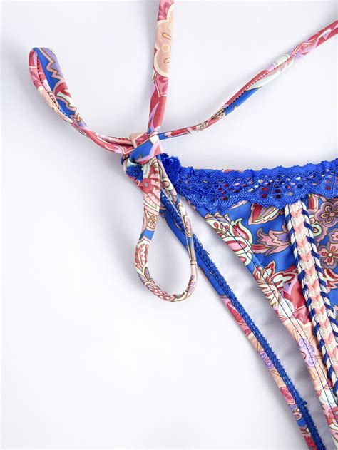 Bikinx Floral Print Bikini Set Lace Trim Crisscross Triangle Bra Top