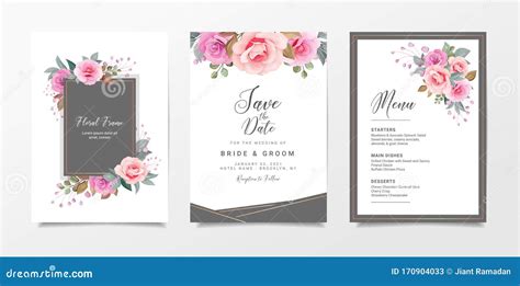 Elegant Wedding Invitation Card Template Set With Floral Frame And