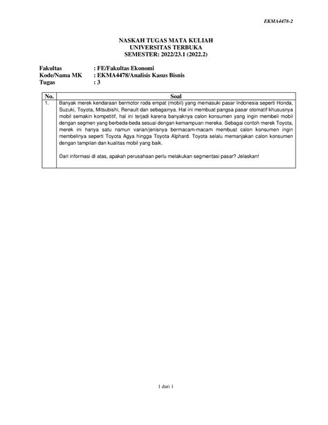 Soal Ekma4478 Tmk3 2 Analisis EKMA4478 1 Dari 1 NASKAH TUGAS MATA