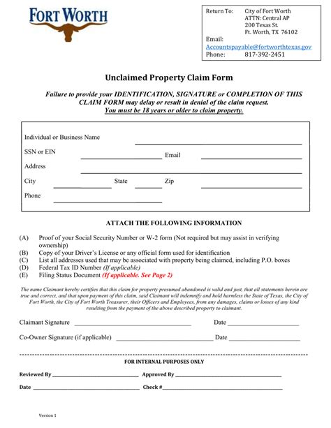 City Of Fort Worth Texas Unclaimed Property Claim Form Fill Out