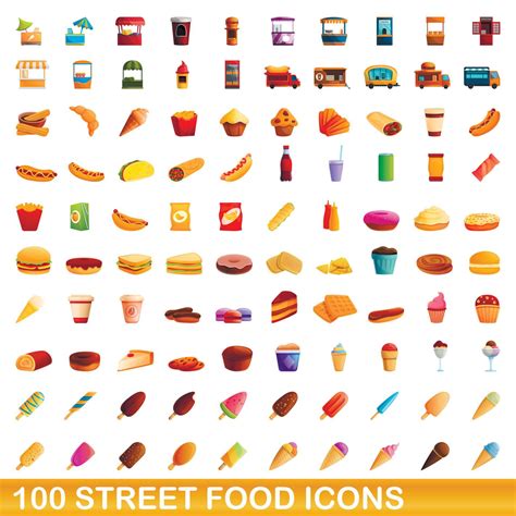 100 street food icons set, cartoon style 19856547 Vector Art at Vecteezy