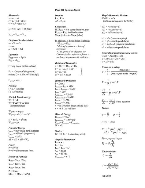 Formula Sheet Phys211 Formula Sheet Kinematics V V 0 At R R 0 V 0 T At 2 V 2 V