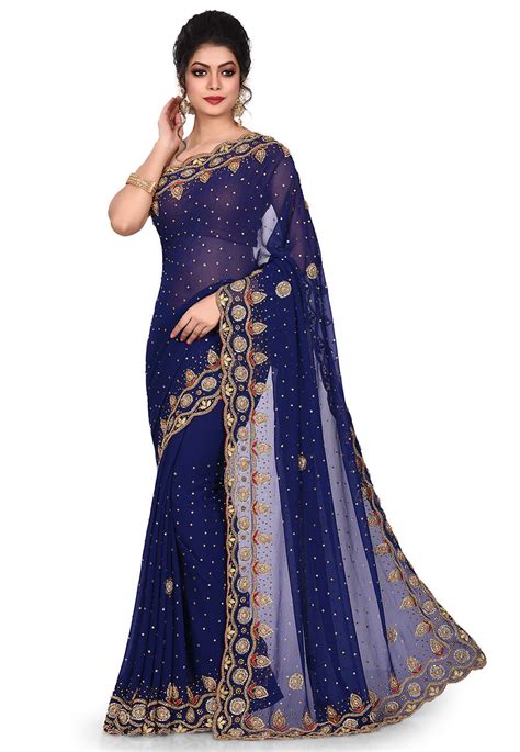 Buy Hand Embroidered Viscose Georgette Saree In Navy Blue Online Seh2295 Utsav Fashion