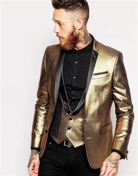 Piece Shiny Tuxedos Men Slim Fit Gold Suits Notch Lapel Groomsmen